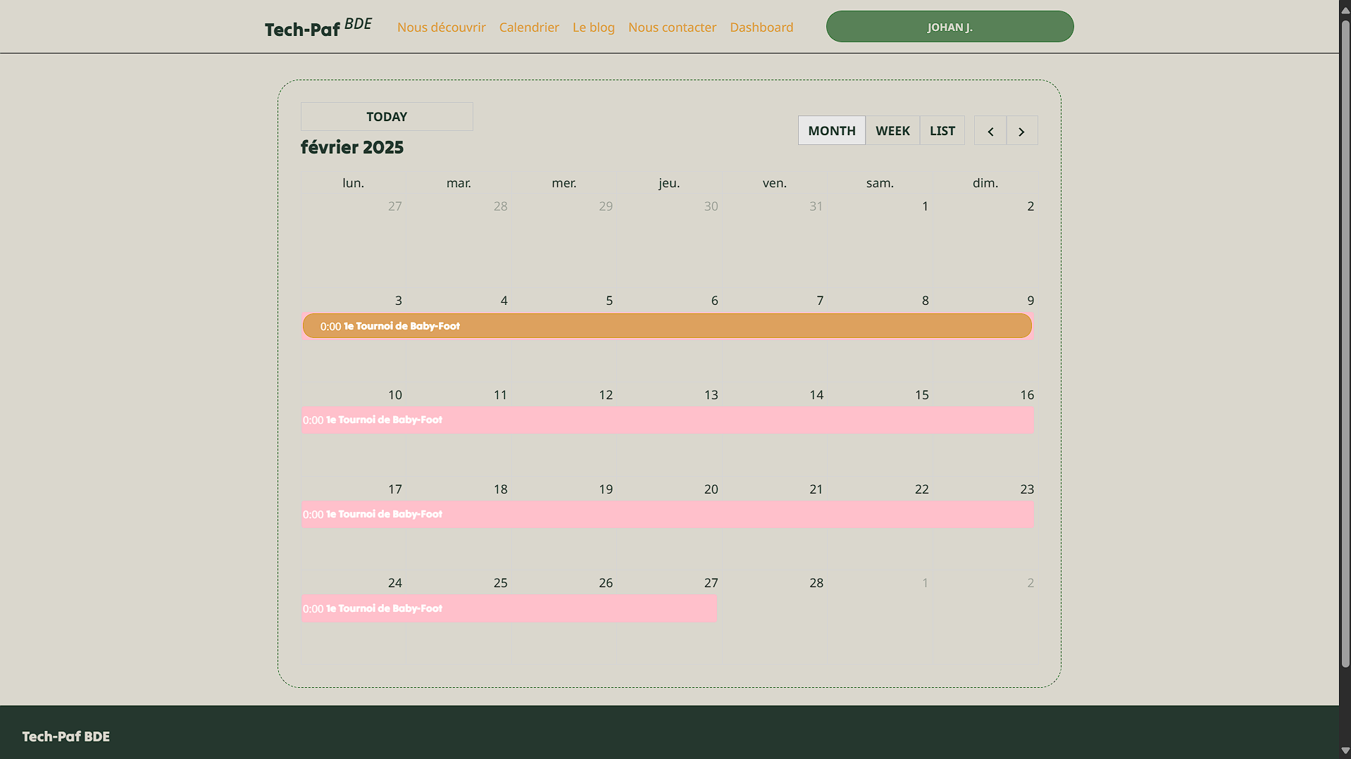 Calendrier des événements
