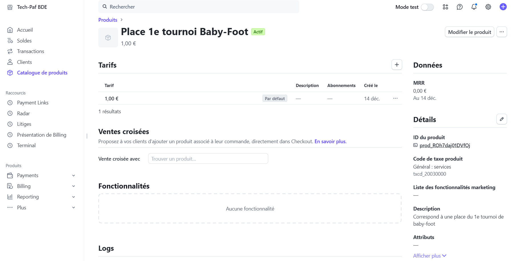 Dashboard Stripe des paiements